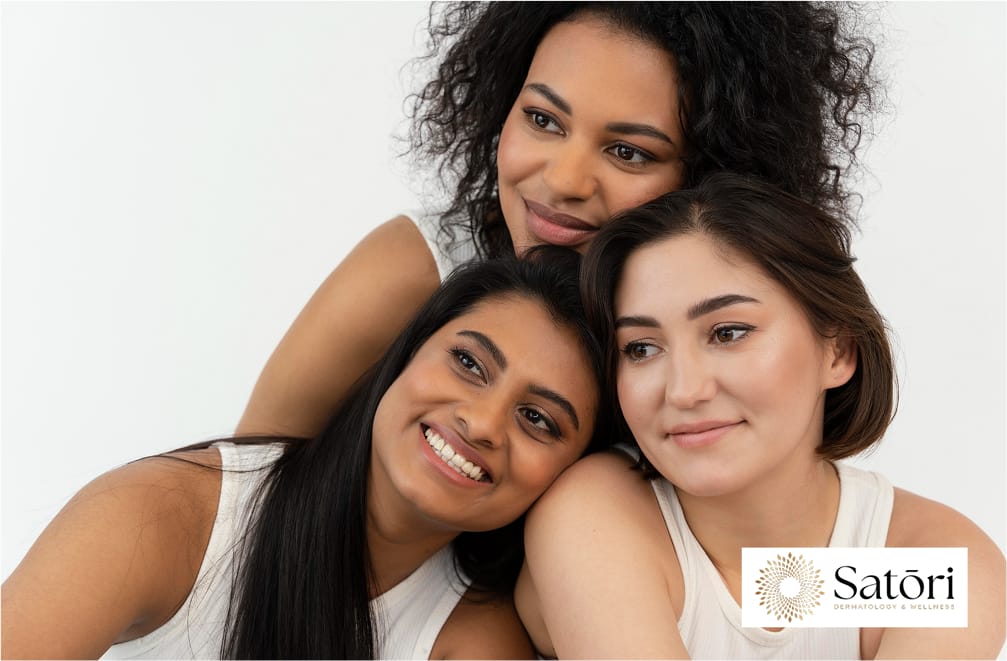 Three diverse women with radiant, flawless skin smiling confidently at the camera, showcasing natural beauty and diversity.