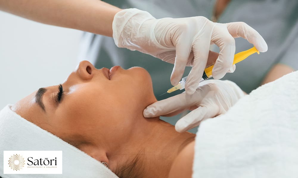 Woman receiving Botox injection along jawline to reduce signs of aging.