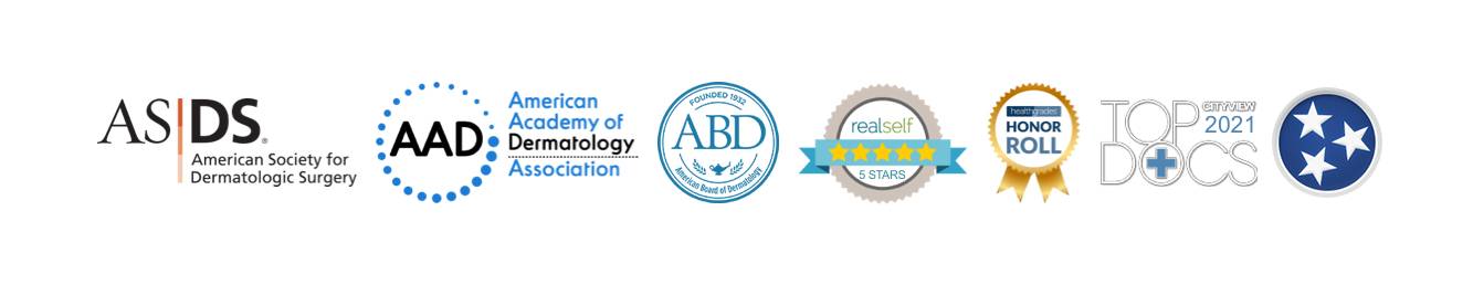 A professional badges and seals representing dermatology organizations and honors, including ASDS, AAD, ABD, RealSelf 5 Stars, Healthgrades Honor Roll, and CityView Top Docs 2021
