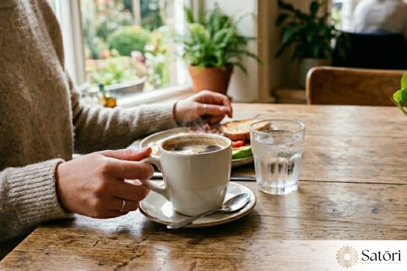 Person drinking coffee paired with water and a light breakfast at a wooden table during a relaxed morning wellness routine